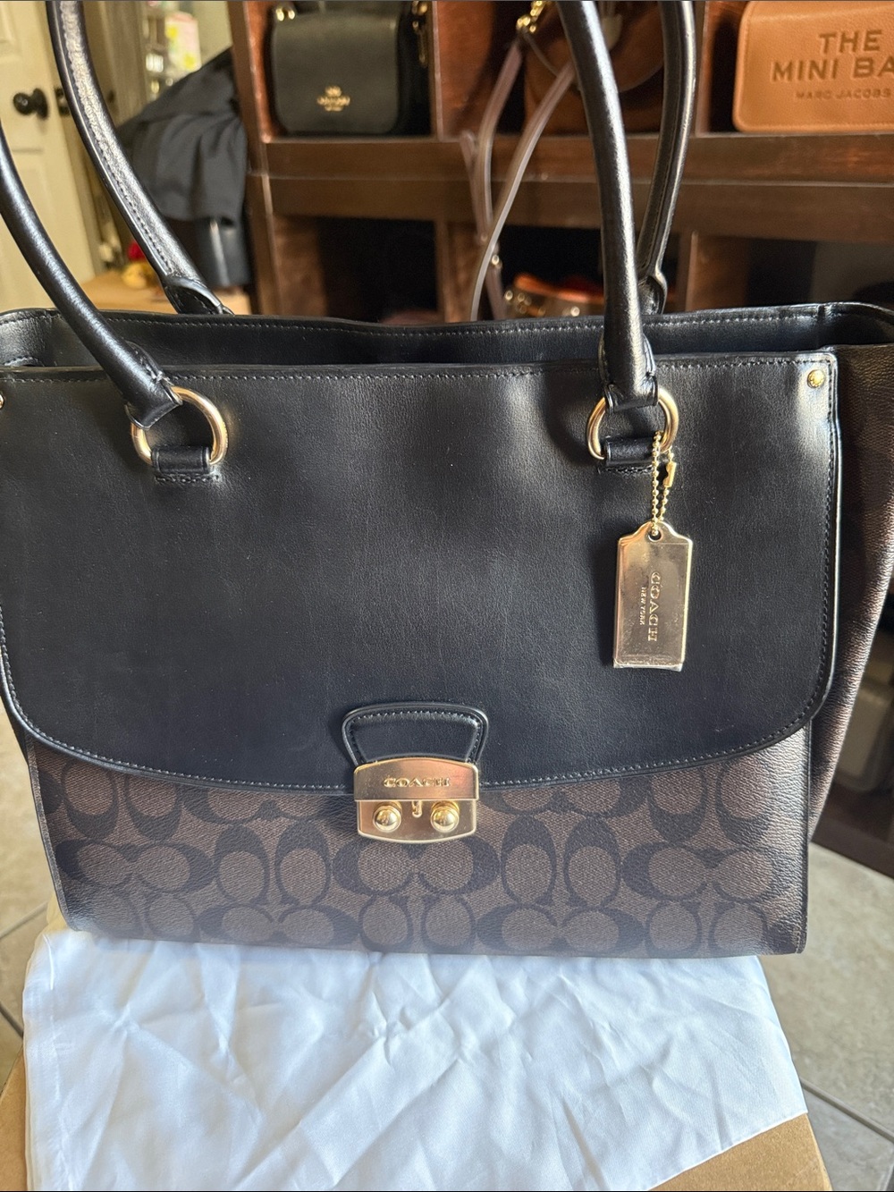 Coach Black Leather and Brown Signature Canvas Tote